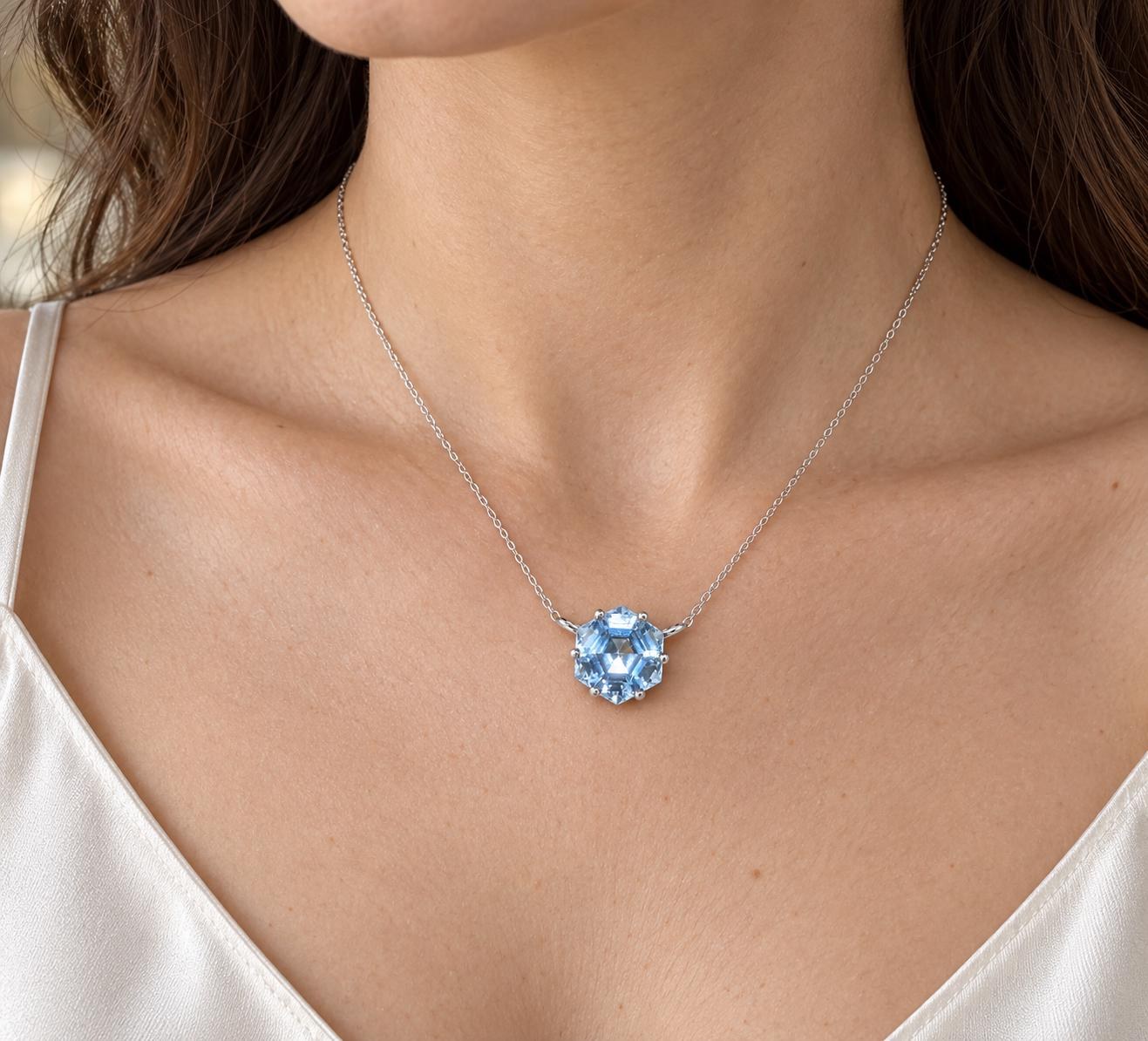 Lab Aquamarine Hexagon Necklace Sterling Silver, March Birthstone, worn view