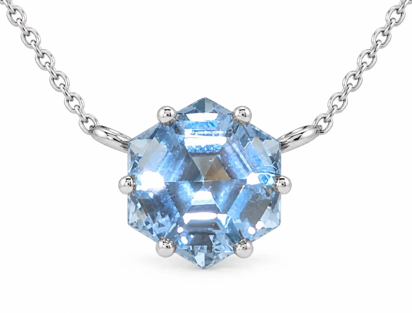 Lab Aquamarine Hexagon Necklace Sterling Silver, March Birthstone, detail view