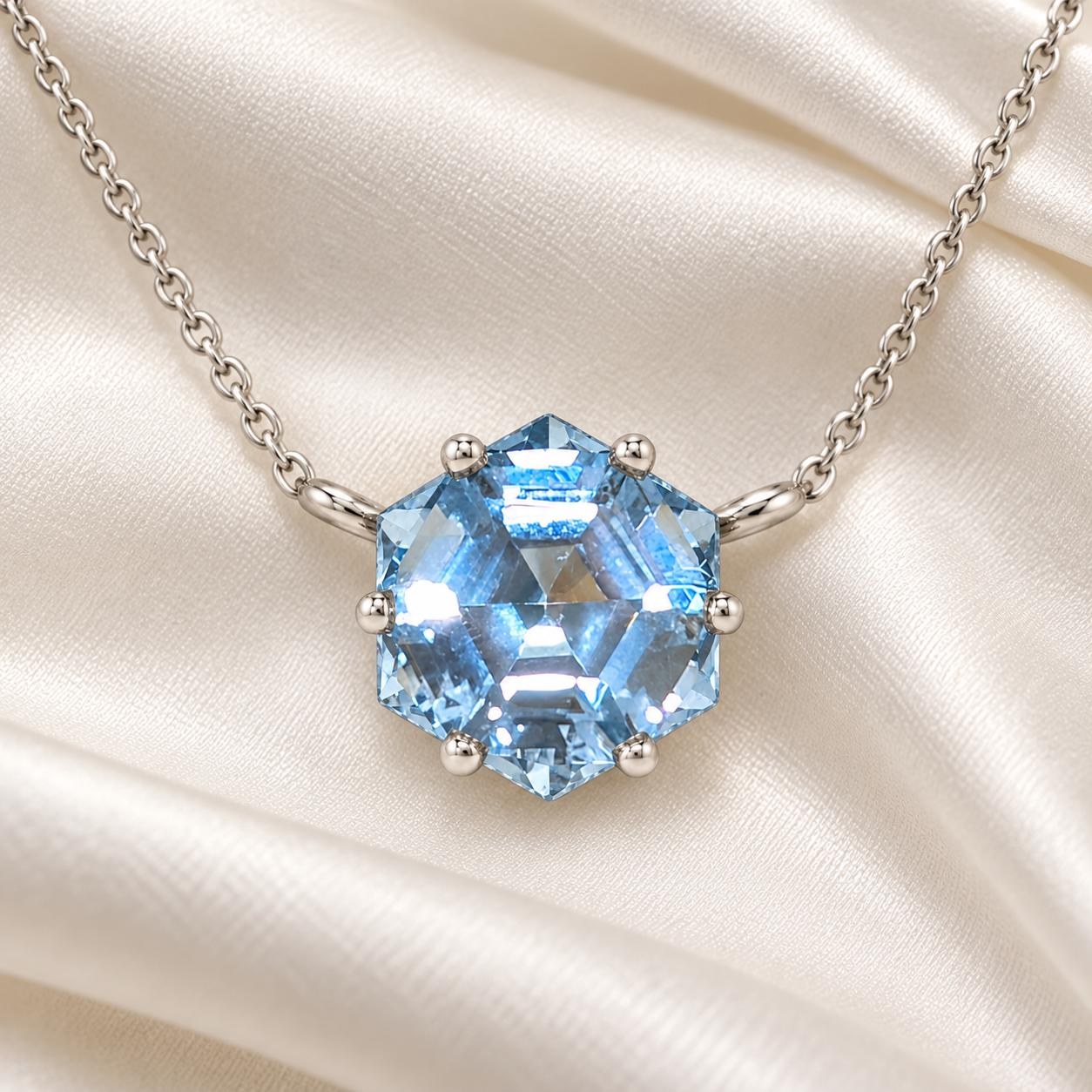 Lab Aquamarine Hexagon Necklace Sterling Silver, March Birthstone