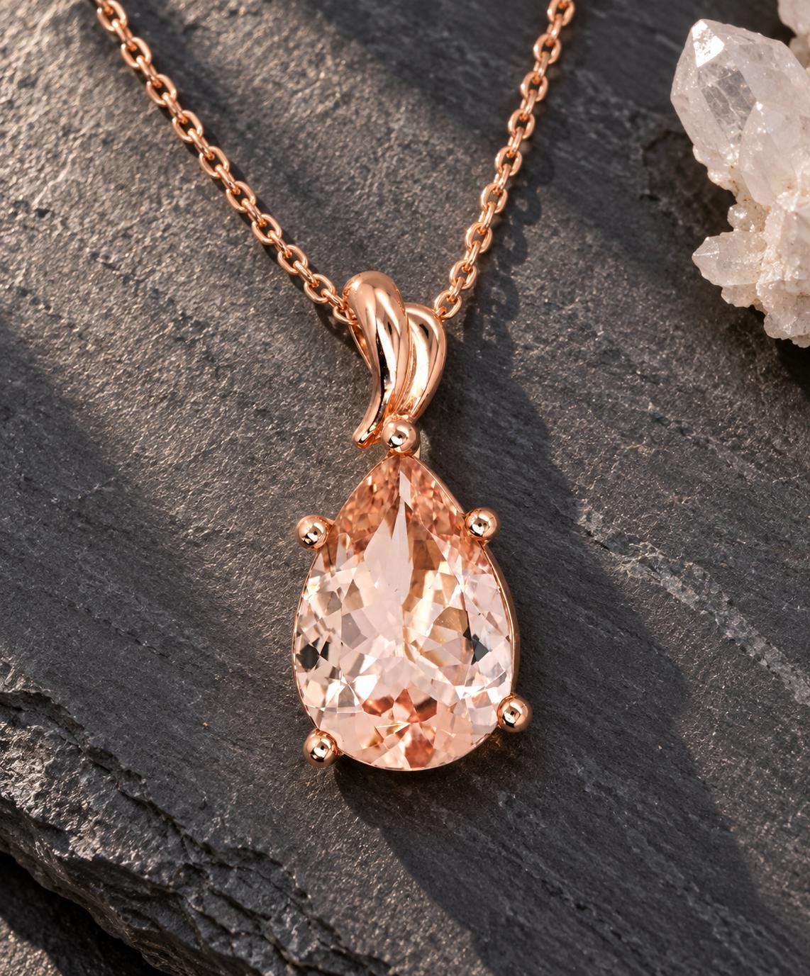 Morganite 3CT Teardrop 14k Rose Gold Pendant Necklace