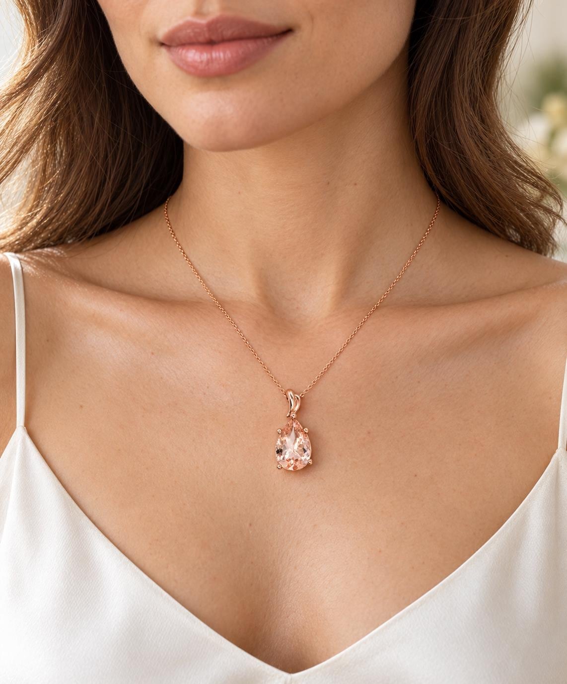 Morganite 3CT Teardrop 14k Rose Gold Pendant Necklace, worn view