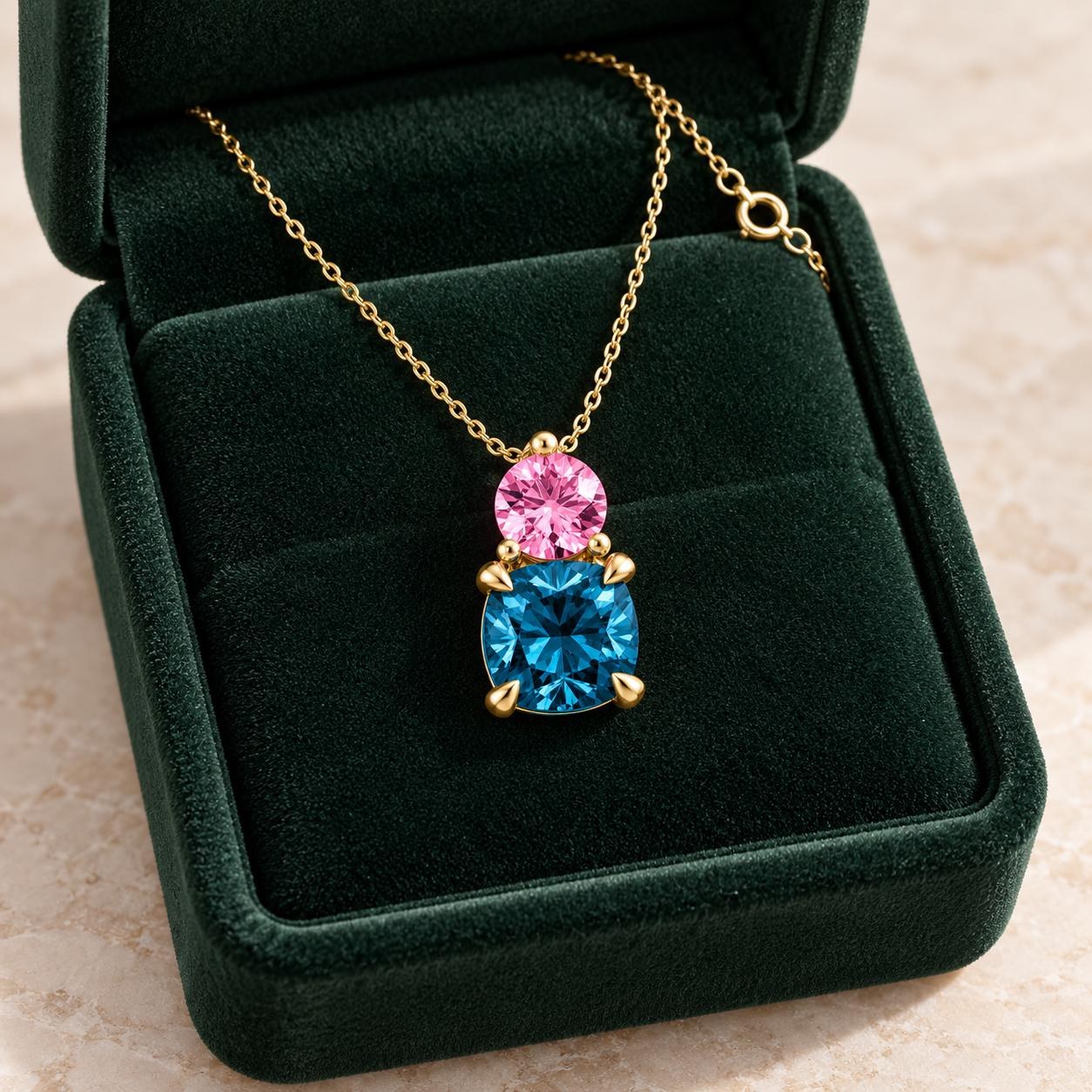 London Blue Topaz & Pink Topaz Statement Pendant Necklace Solid 14k Gold