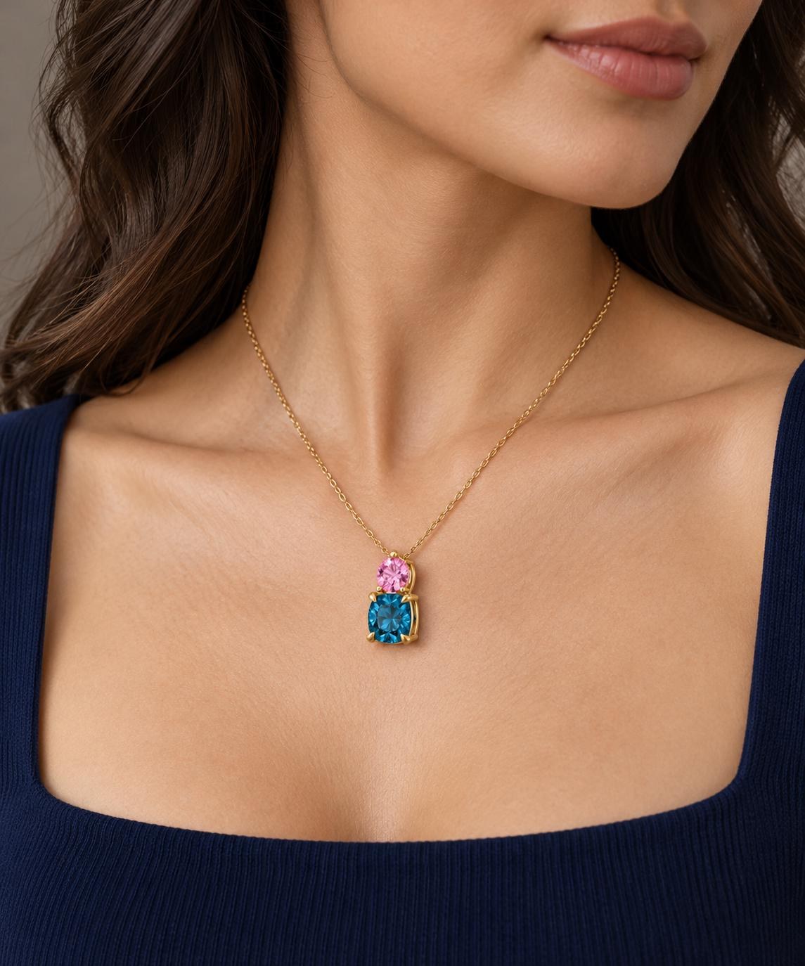 London Blue Topaz & Pink Topaz Statement Pendant Necklace Solid 14k Gold, worn view