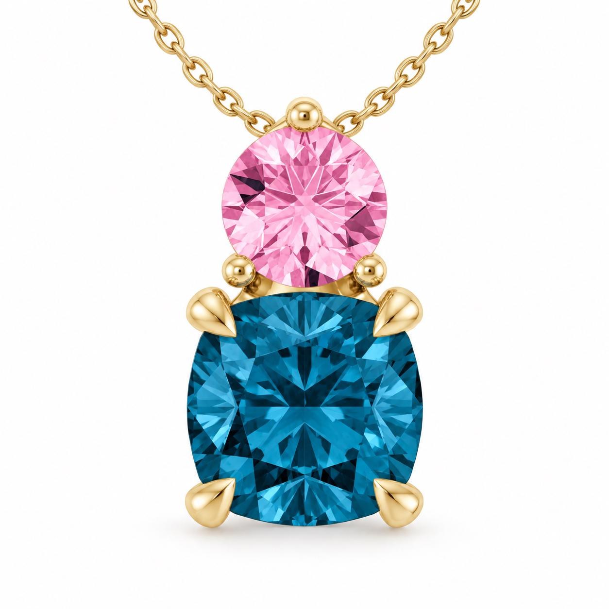 London Blue Topaz & Pink Topaz Statement Pendant Necklace Solid 14k Gold, detail view