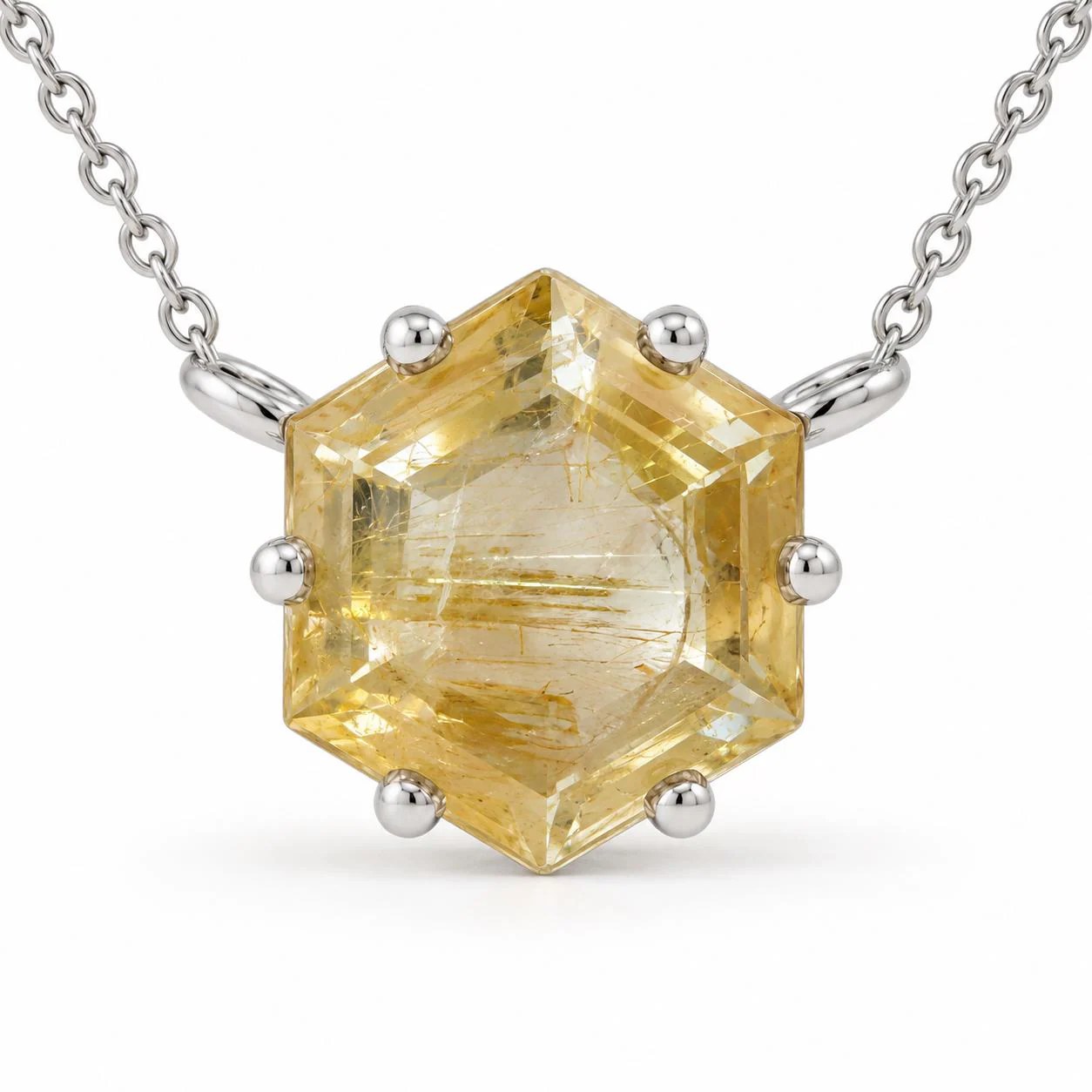 Golden Rutilated Quartz Hexagonal Necklace Sterling Silver, Natural Crystal, detail view