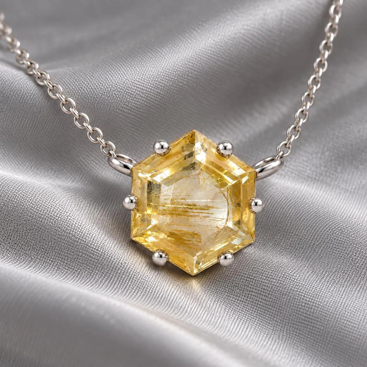 Golden Rutilated Quartz Hexagonal Necklace Sterling Silver, Natural Crystal