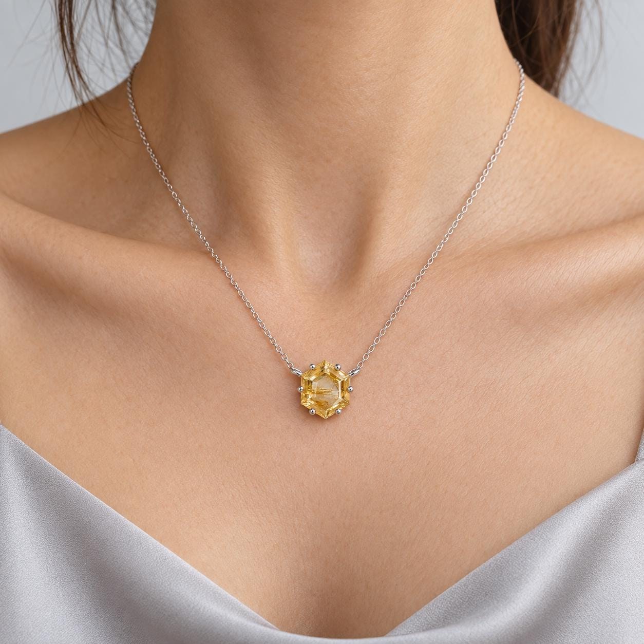 Golden Rutilated Quartz Hexagonal Necklace Sterling Silver, Natural Crystal, worn view