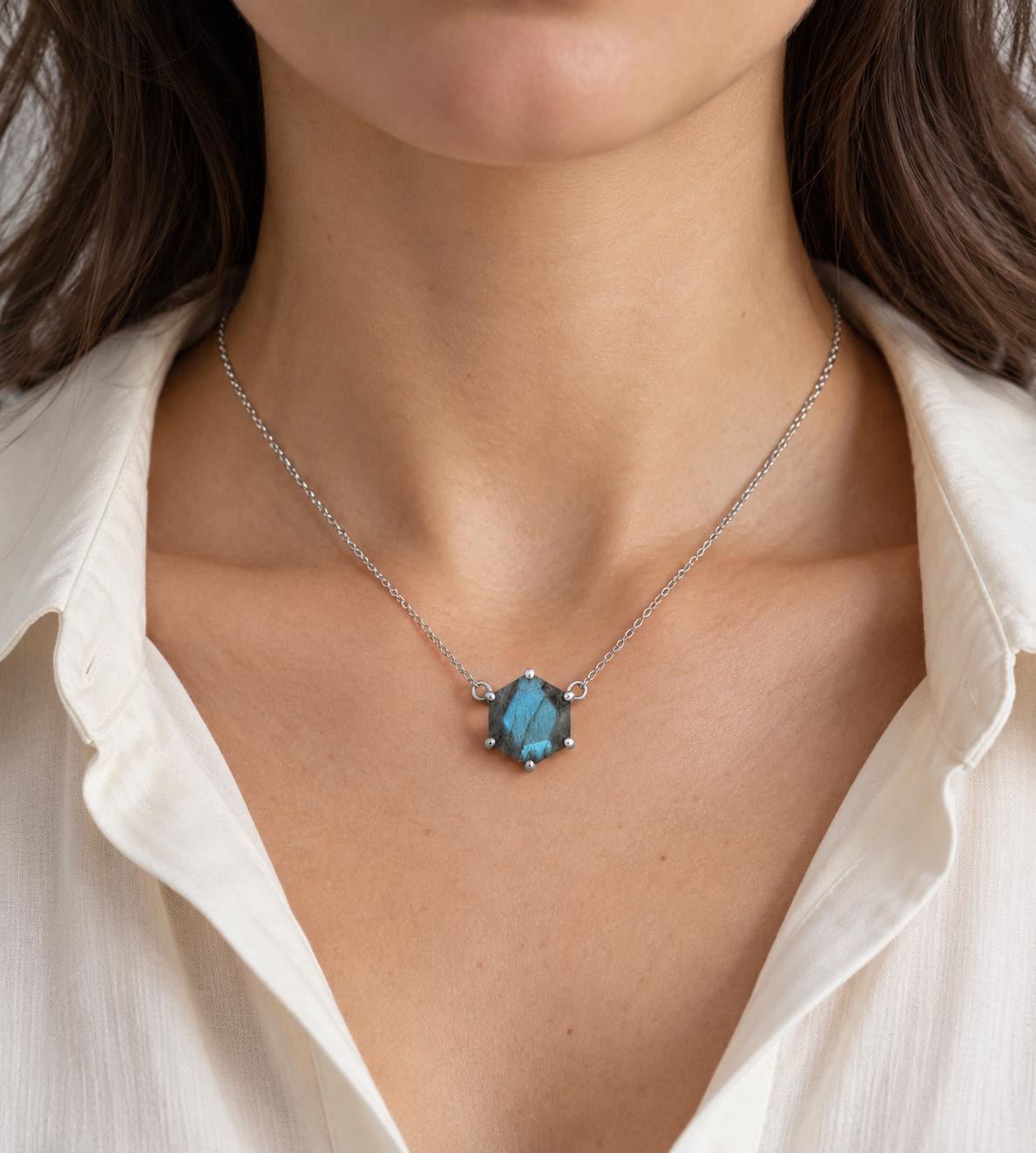 Labradorite Hexagonal Necklace Sterling Silver, Natural Crystal, worn view
