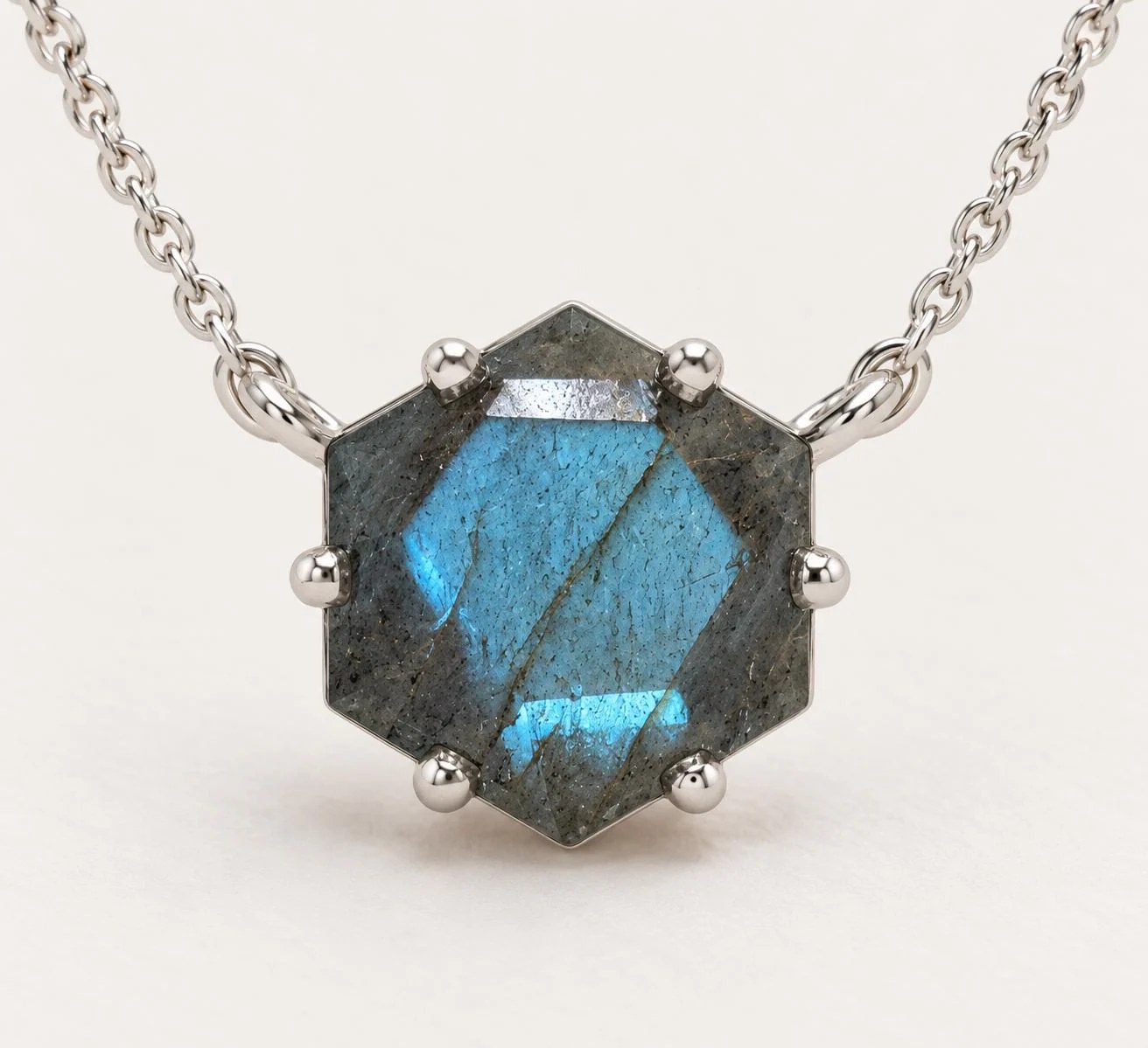 Labradorite Hexagonal Necklace Sterling Silver, Natural Crystal, detail view