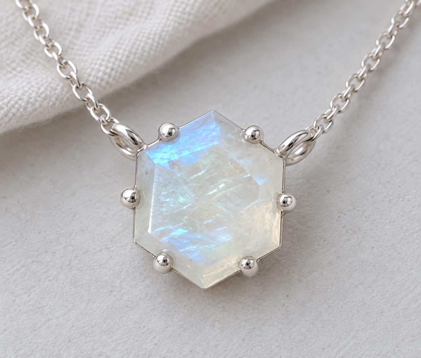 Moonstone Necklace Hexagonal Sterling Silver, June Birthstone