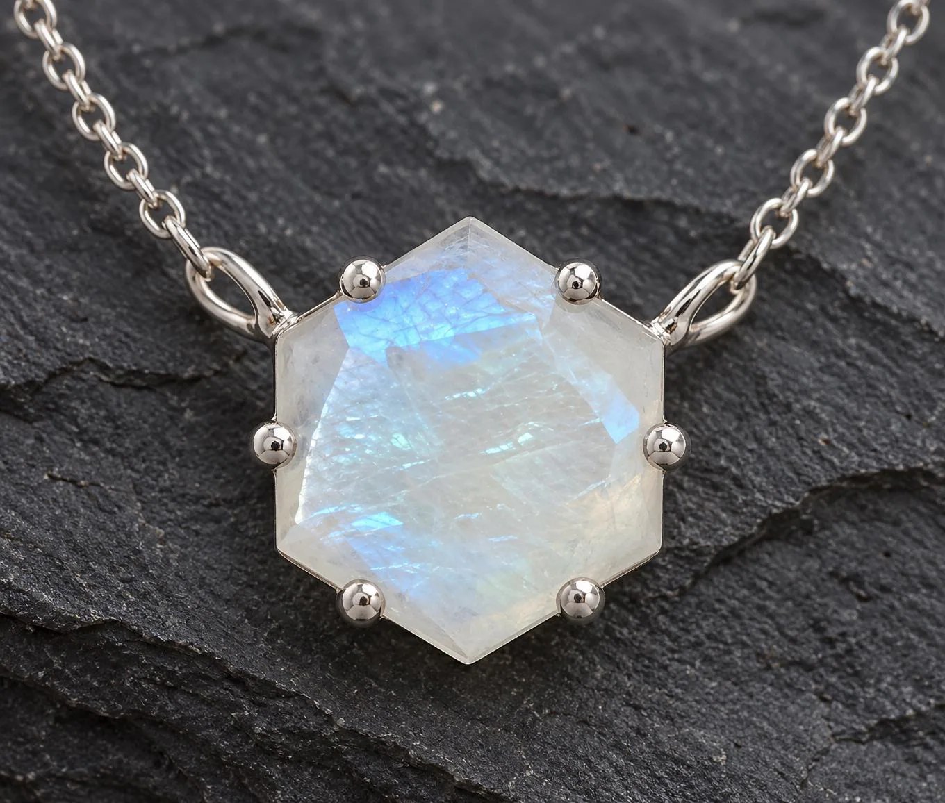 Moonstone Necklace Hexagonal Sterling Silver, June Birthstone, detail view