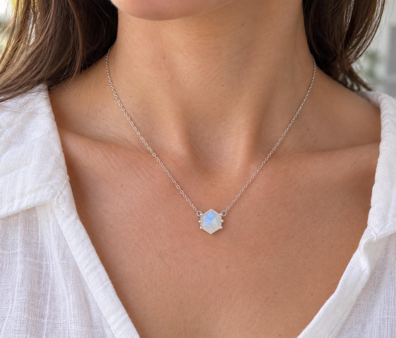Moonstone Necklace Hexagonal Sterling Silver, June Birthstone, worn view