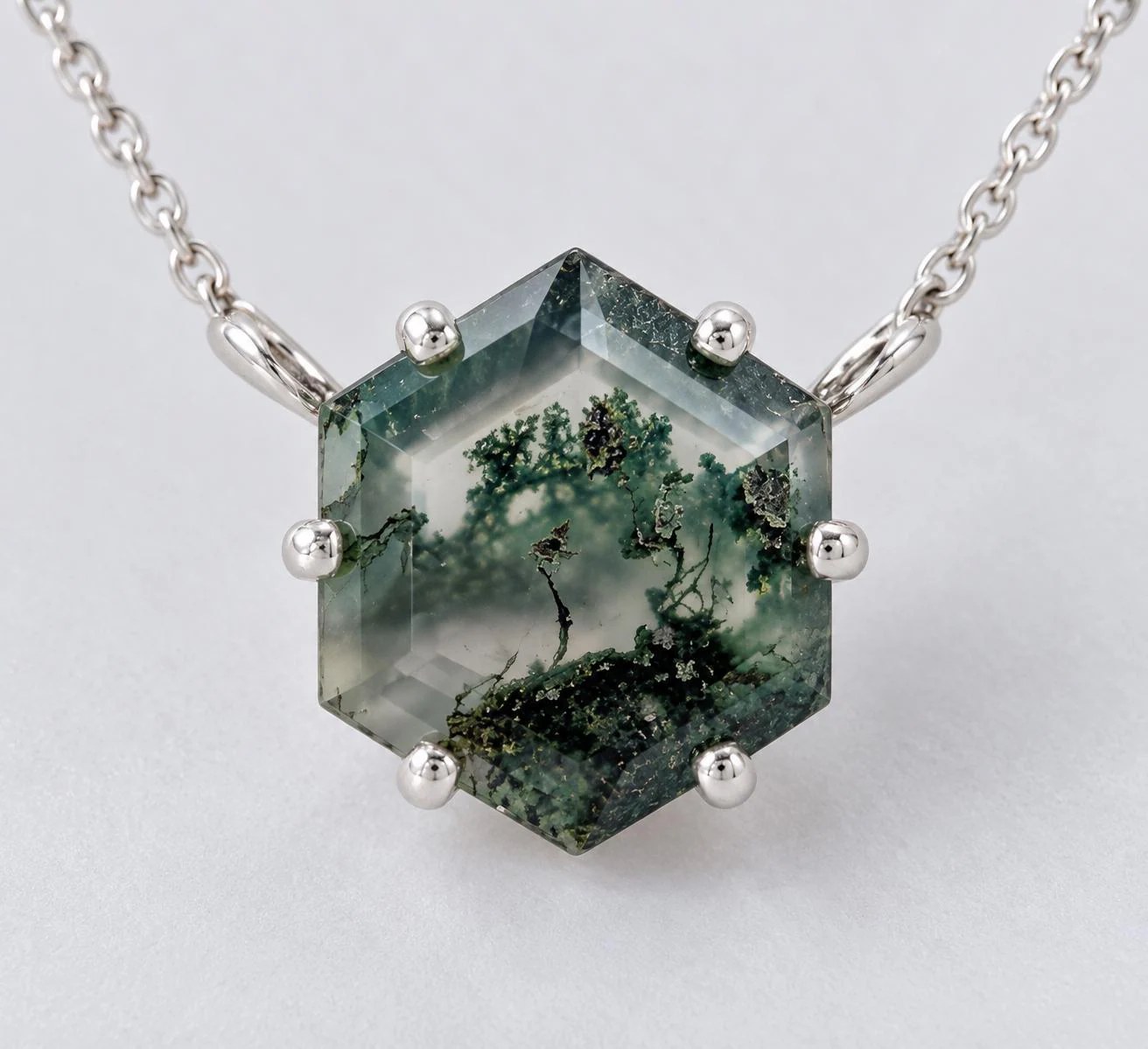 Moss Agate Hexagonal Necklace Sterling Silver, Natural Unique Green Gemstone, detail view