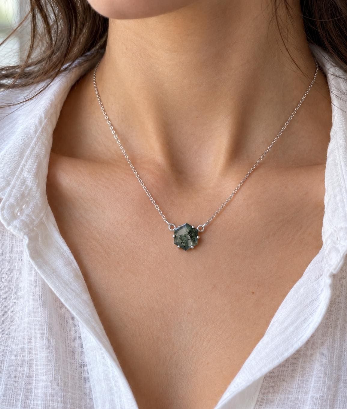 Moss Agate Hexagonal Necklace Sterling Silver, Natural Unique Green Gemstone, worn view