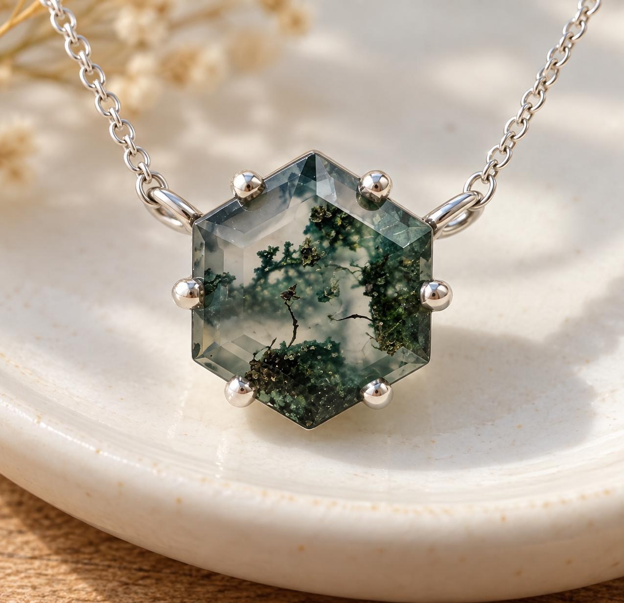 Moss Agate Hexagonal Necklace Sterling Silver, Natural Unique Green Gemstone