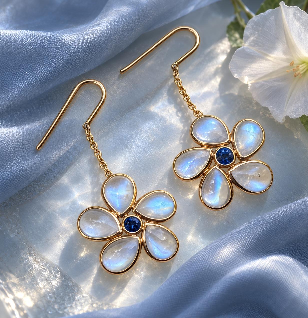 18kt Gold Blue Moonstone & Sapphire Dangly Flower Earrings, June September Birthstone \, detail view