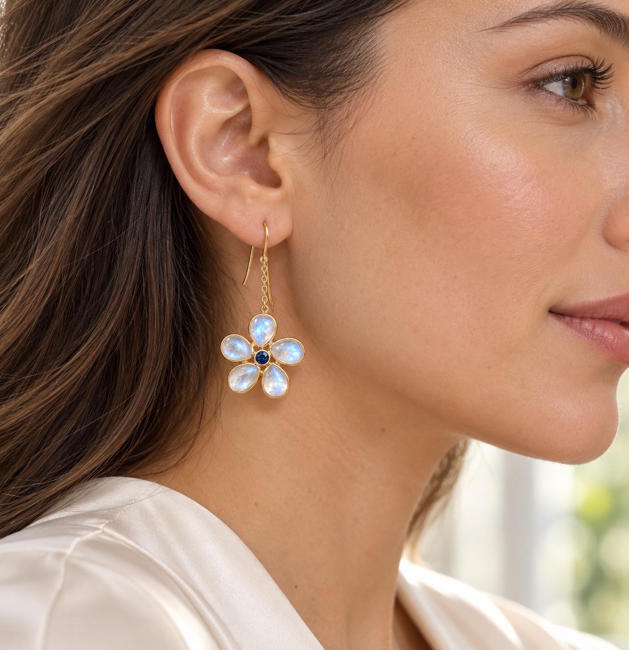 18kt Gold Blue Moonstone & Sapphire Dangly Flower Earrings, June September Birthstone \, worn view