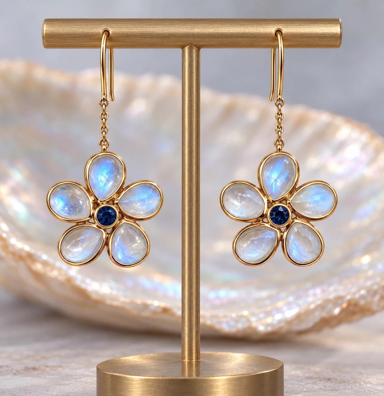 18kt Gold Blue Moonstone & Sapphire Dangly Flower Earrings, June September Birthstone \