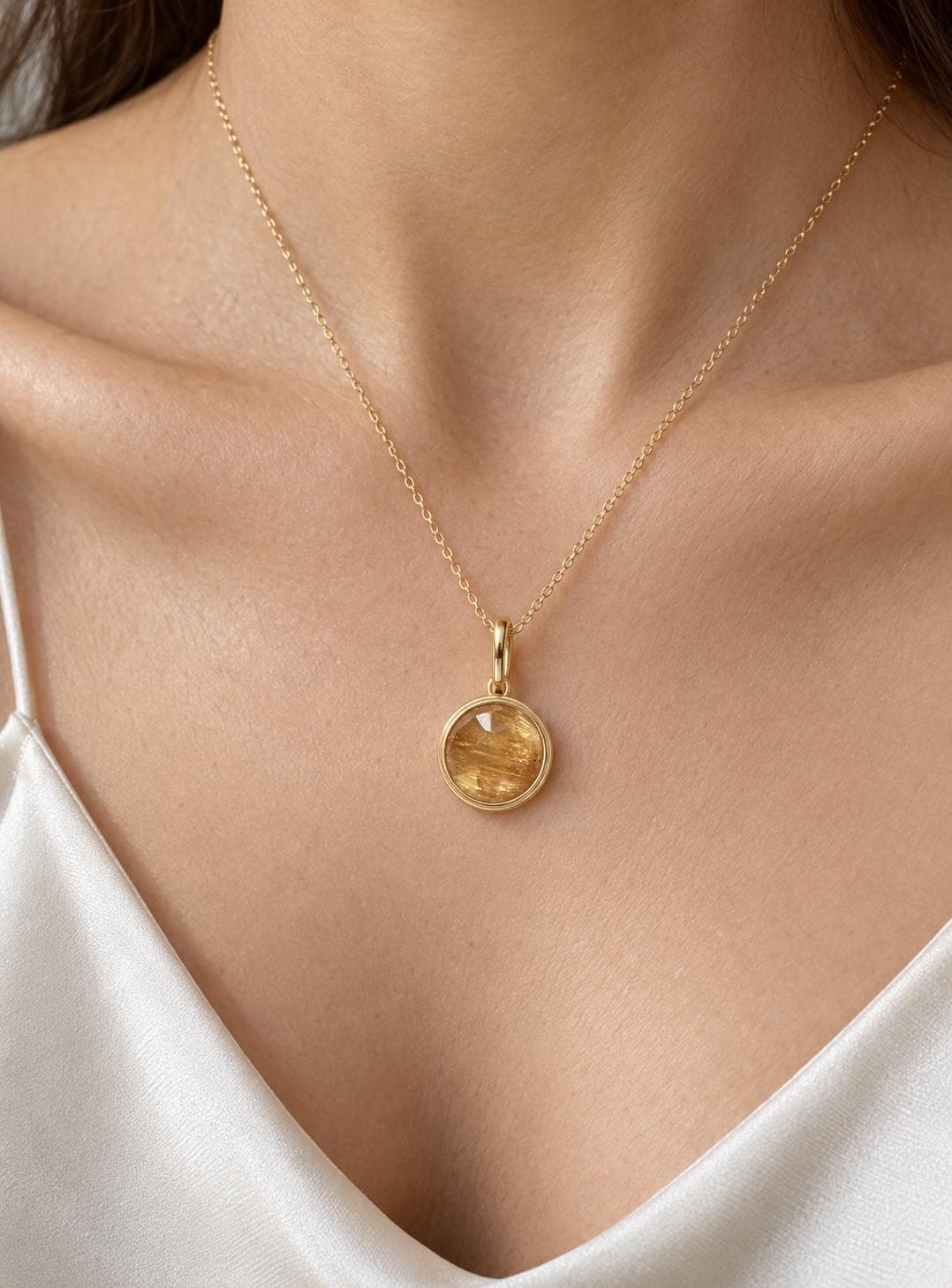 Imperial Topaz Rosecut Round Bezel Pendant Necklace 14k Gold : November Birthstone Jewelry, worn view