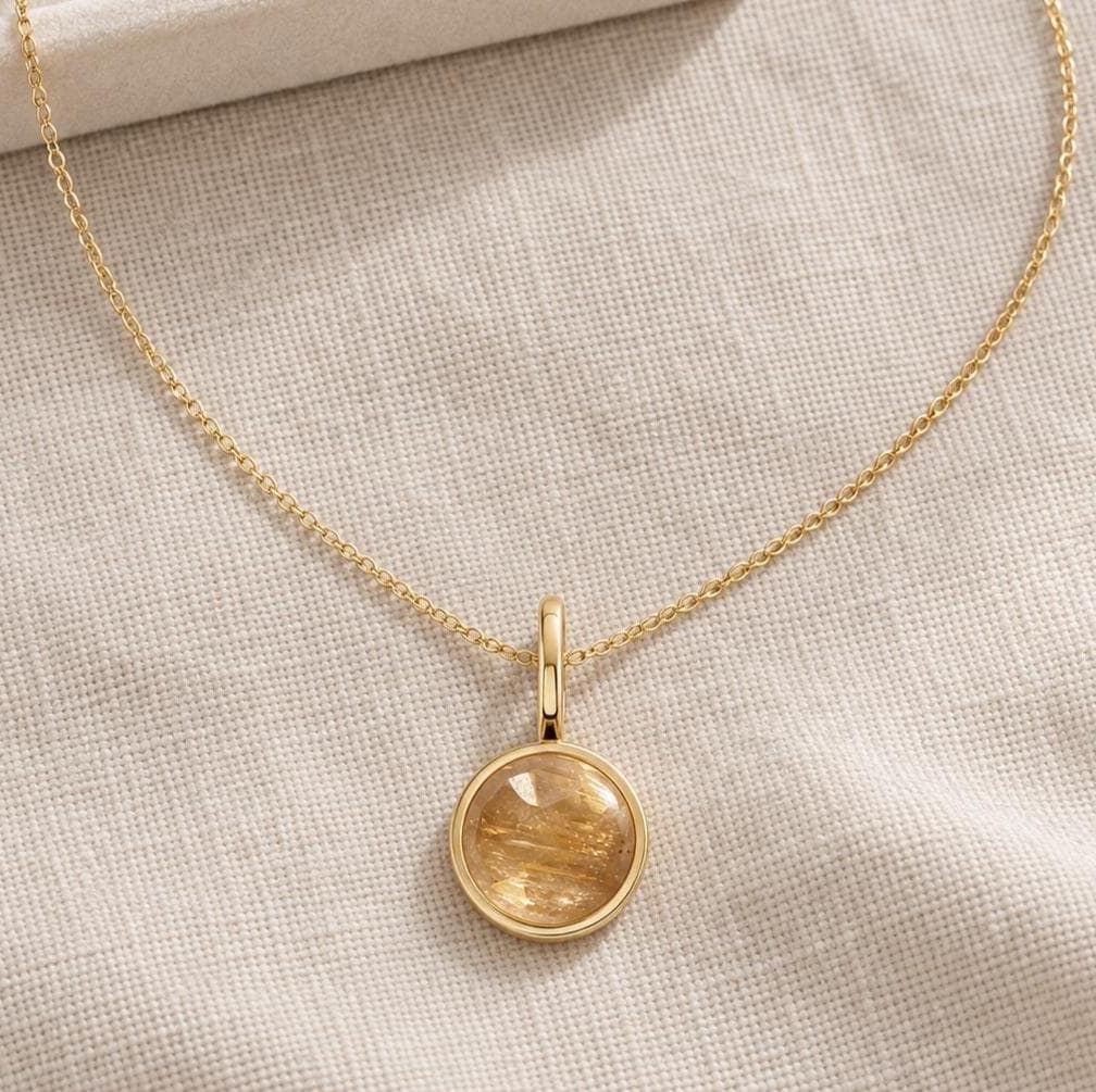 Imperial Topaz Rosecut Round Bezel Pendant Necklace 14k Gold : November Birthstone Jewelry