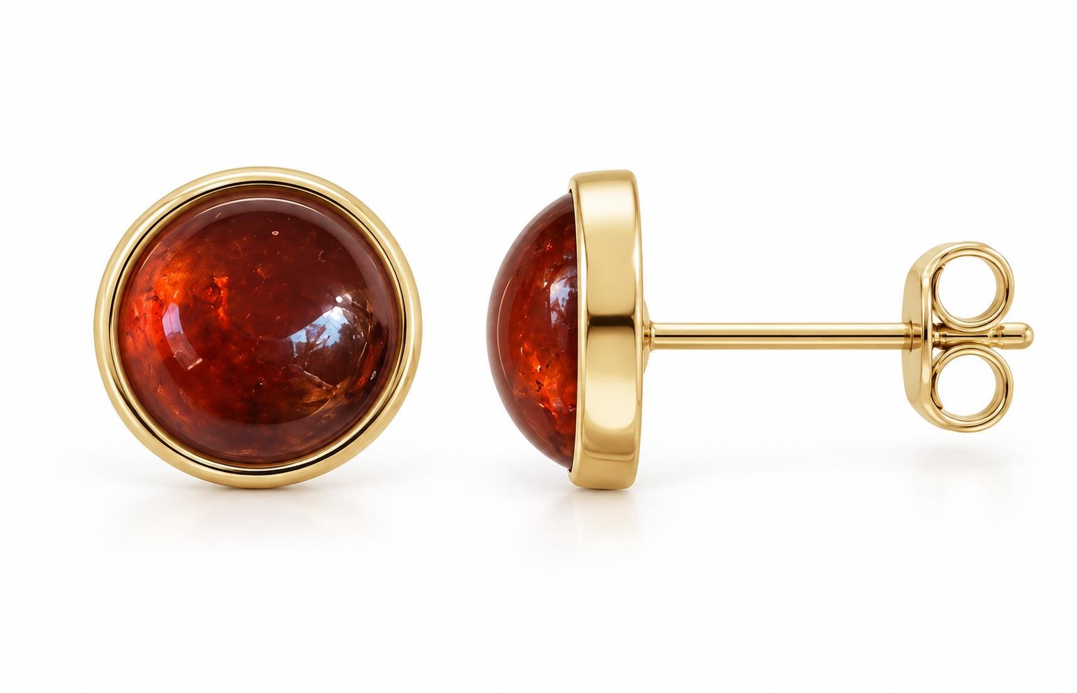 Spessartine Garnet Round Cabochon Solitaire Earrings 14k Gold : January Birthstone, detail view
