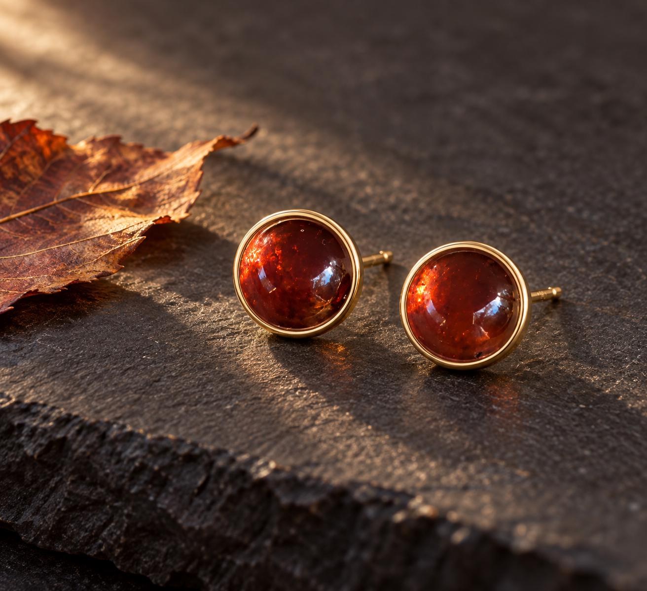 Spessartine Garnet Round Cabochon Solitaire Earrings 14k Gold : January Birthstone