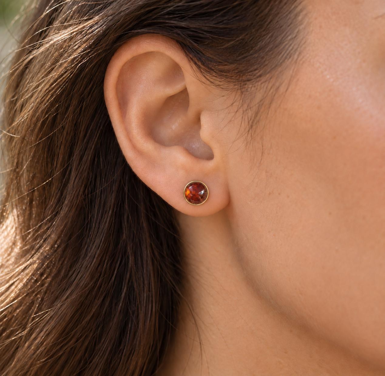 Spessartine Garnet Round Cabochon Solitaire Earrings 14k Gold : January Birthstone, worn view