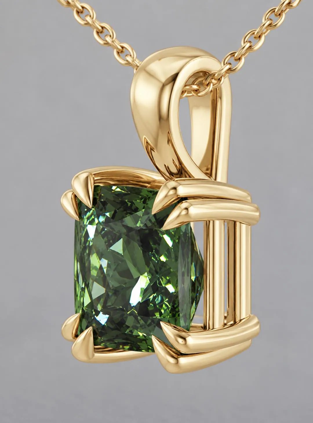 Green Tourmaline 7mm Double Claw Square Pendant Necklace 14k Gold : October Birthstone, detail view