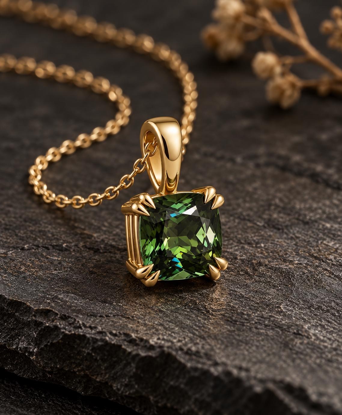 Green Tourmaline 7mm Double Claw Square Pendant Necklace 14k Gold : October Birthstone