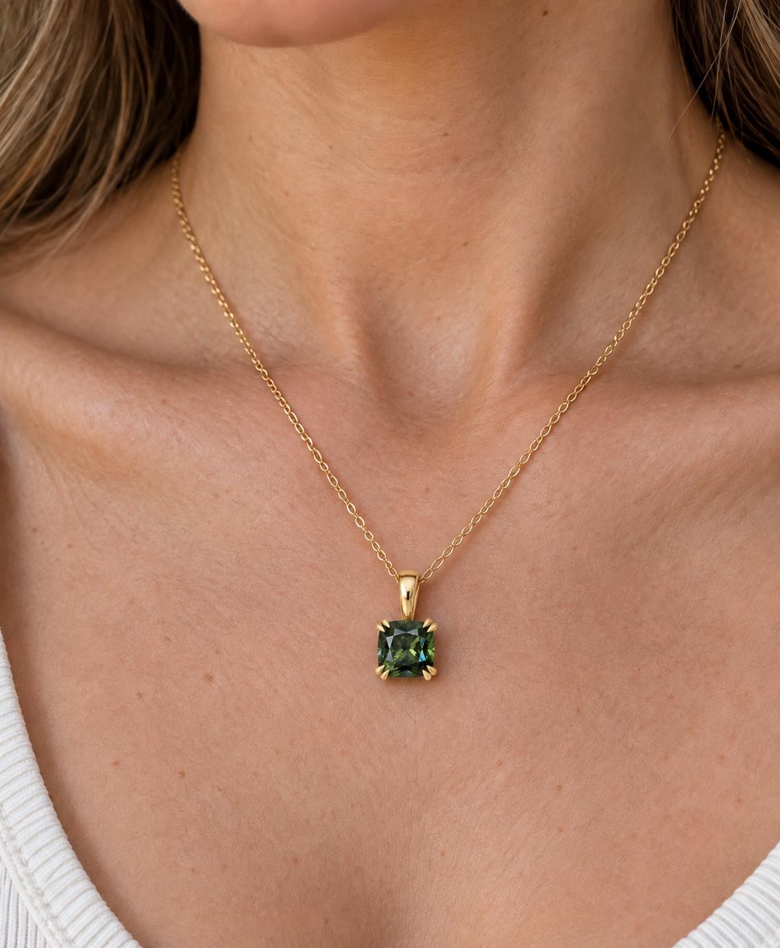 Green Tourmaline 7mm Double Claw Square Pendant Necklace 14k Gold : October Birthstone, worn view