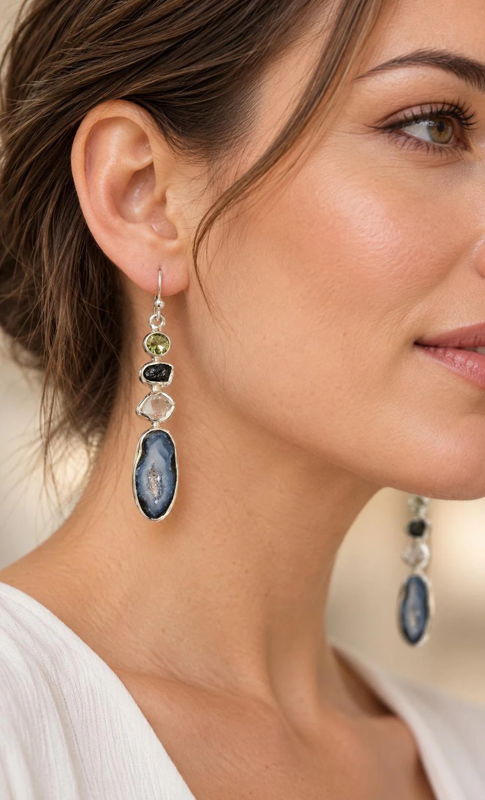 Druzy Geode Green Tourmaline Black Tourmaline & Herkimer Diamond Dangly Earrings Sterling Silver, worn view