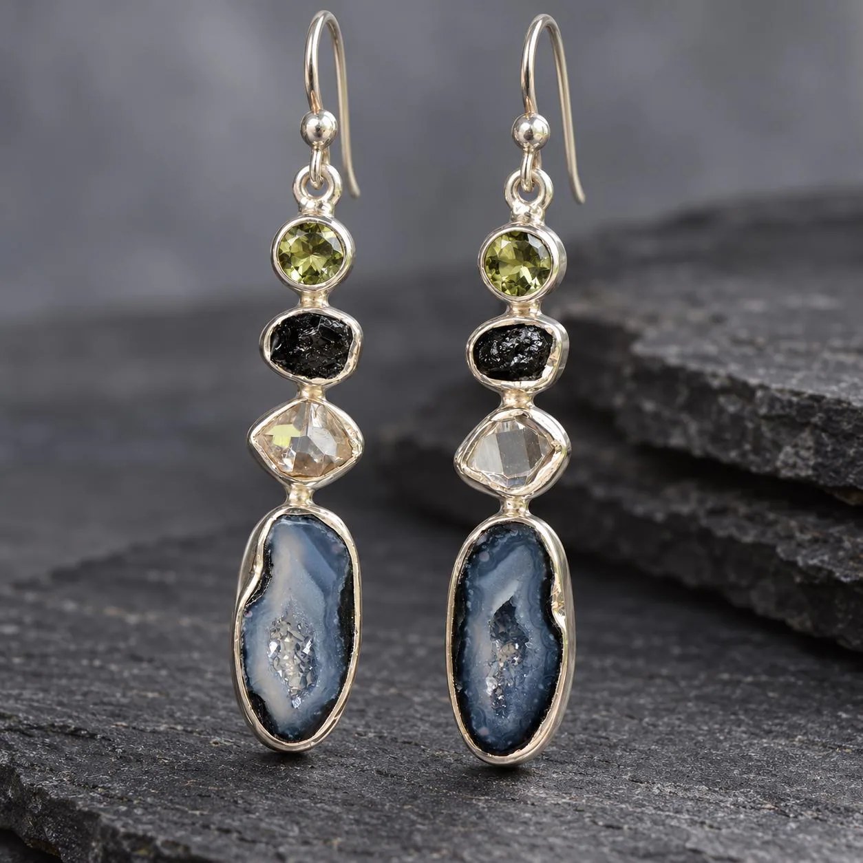 Druzy Geode Green Tourmaline Black Tourmaline & Herkimer Diamond Dangly Earrings Sterling Silver, detail view