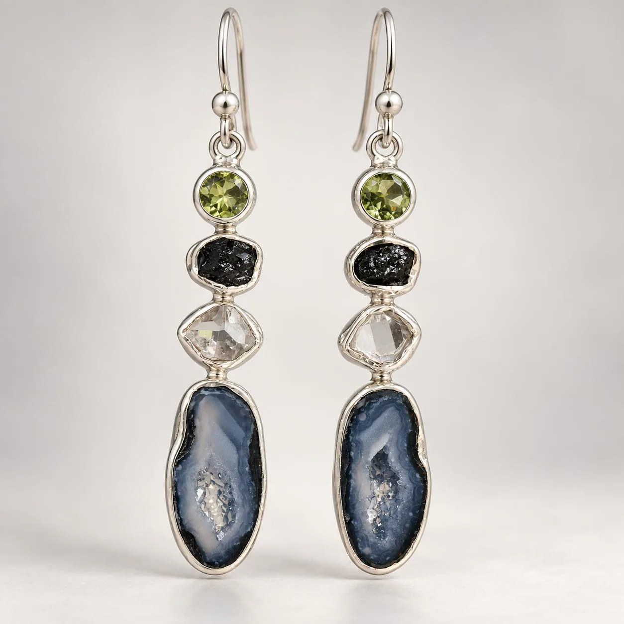 Druzy Geode Green Tourmaline Black Tourmaline & Herkimer Diamond Dangly Earrings Sterling Silver
