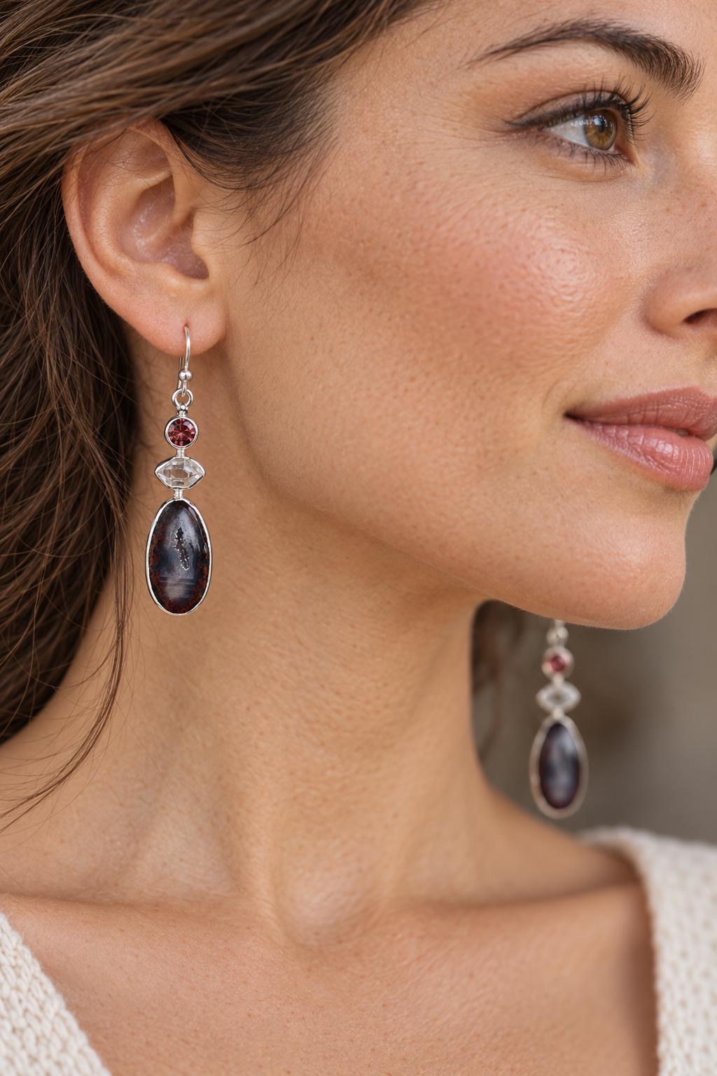 Druzy Geode Pink Tourmaline & Herkimer Diamond Dangly Earrings Sterling Silver : October April Birthstone, worn view