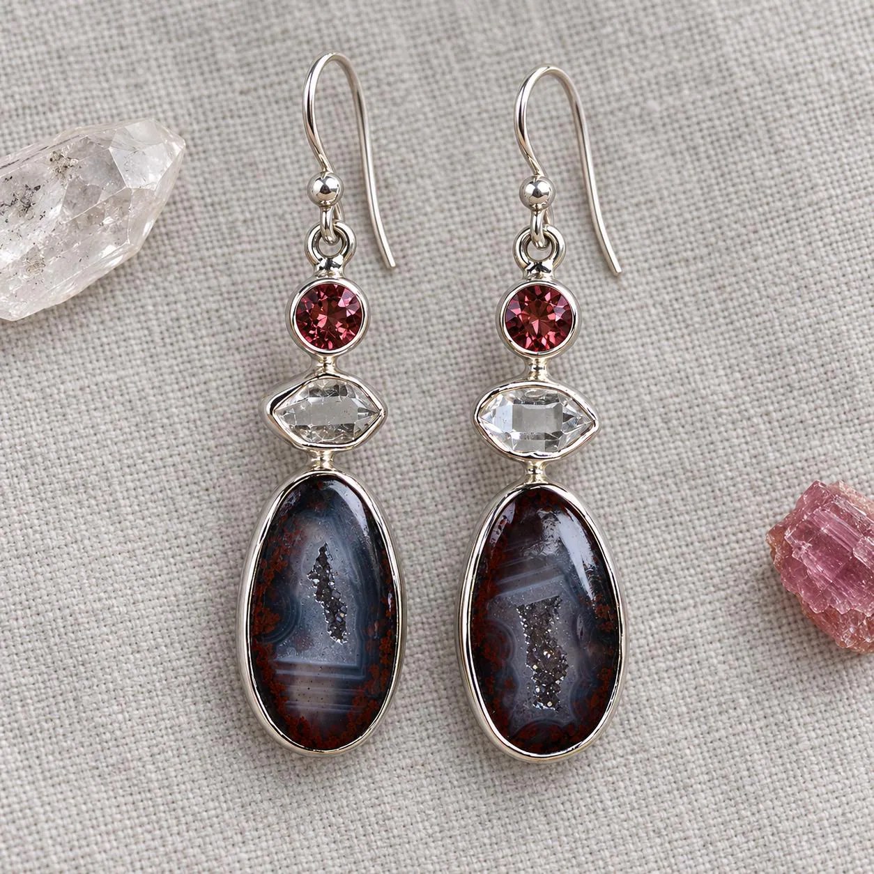 Druzy Geode Pink Tourmaline & Herkimer Diamond Dangly Earrings Sterling Silver : October April Birthstone