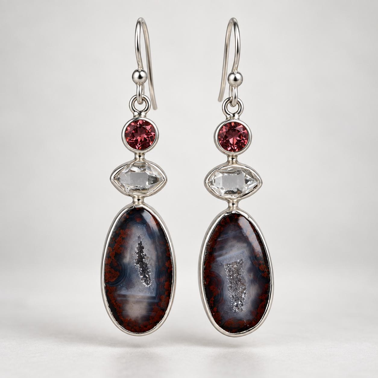 Druzy Geode Pink Tourmaline & Herkimer Diamond Dangly Earrings Sterling Silver : October April Birthstone, detail view