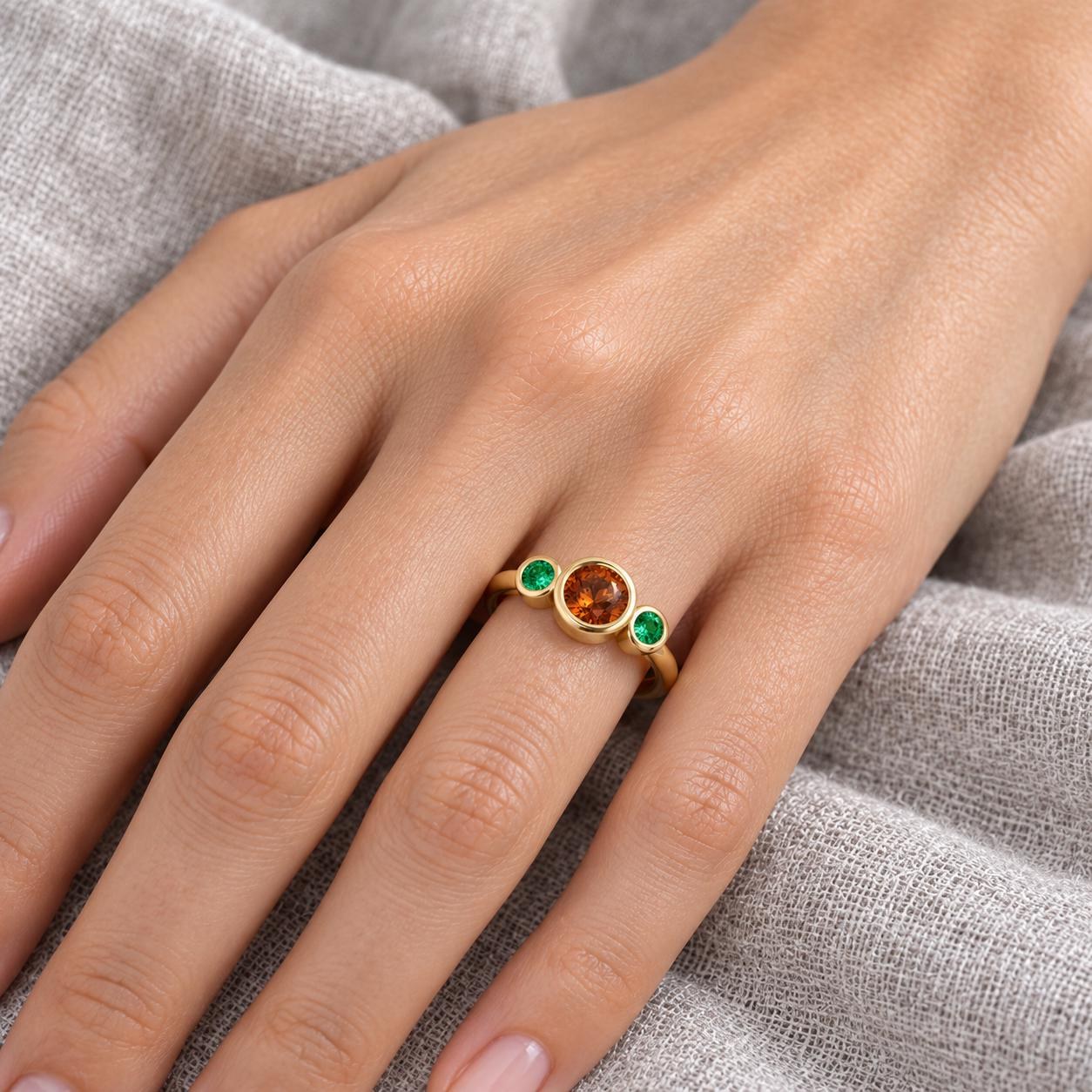 Spessartite Garnet & Tsavorite Garnet Ring 14kt Gold, January Birthstone, worn view