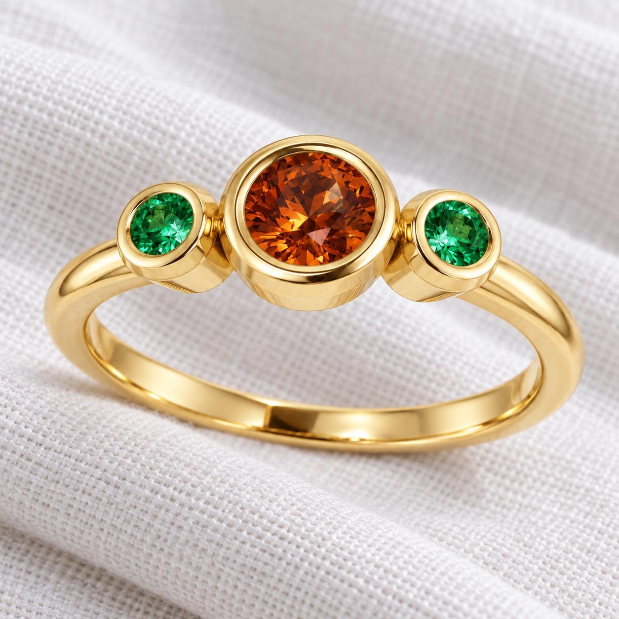 Spessartite Garnet & Tsavorite Garnet Ring 14kt Gold, January Birthstone, detail view