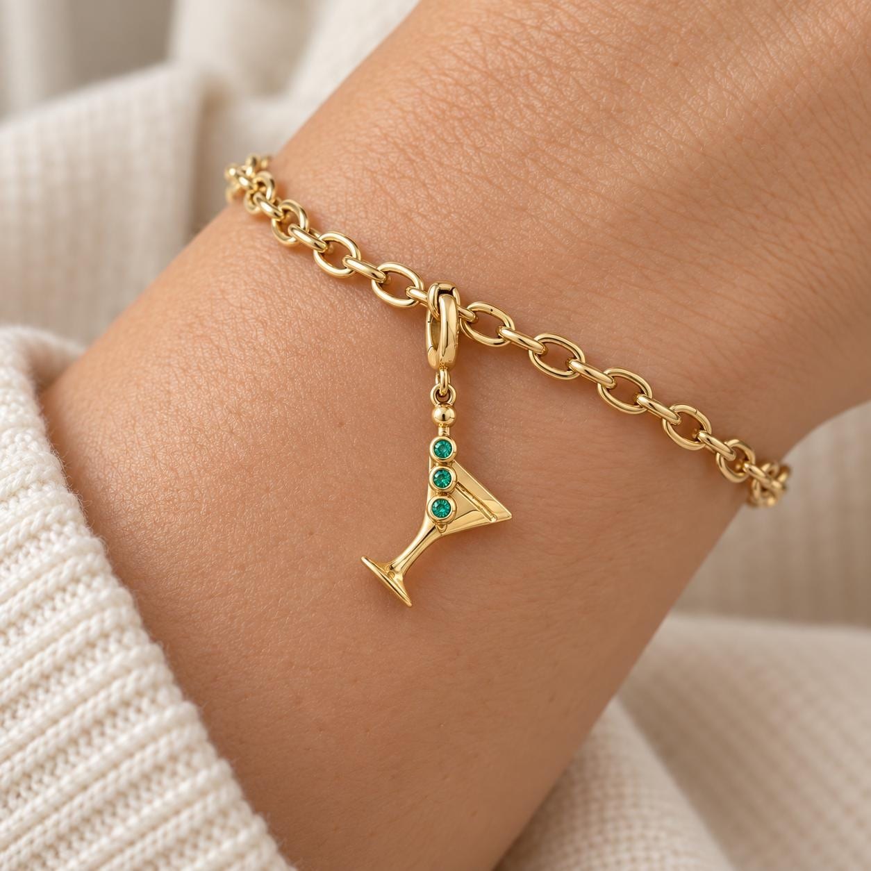 Martini Glass Charm with Lab Grown Emeralds in 14k Gold Vermeil, worn view