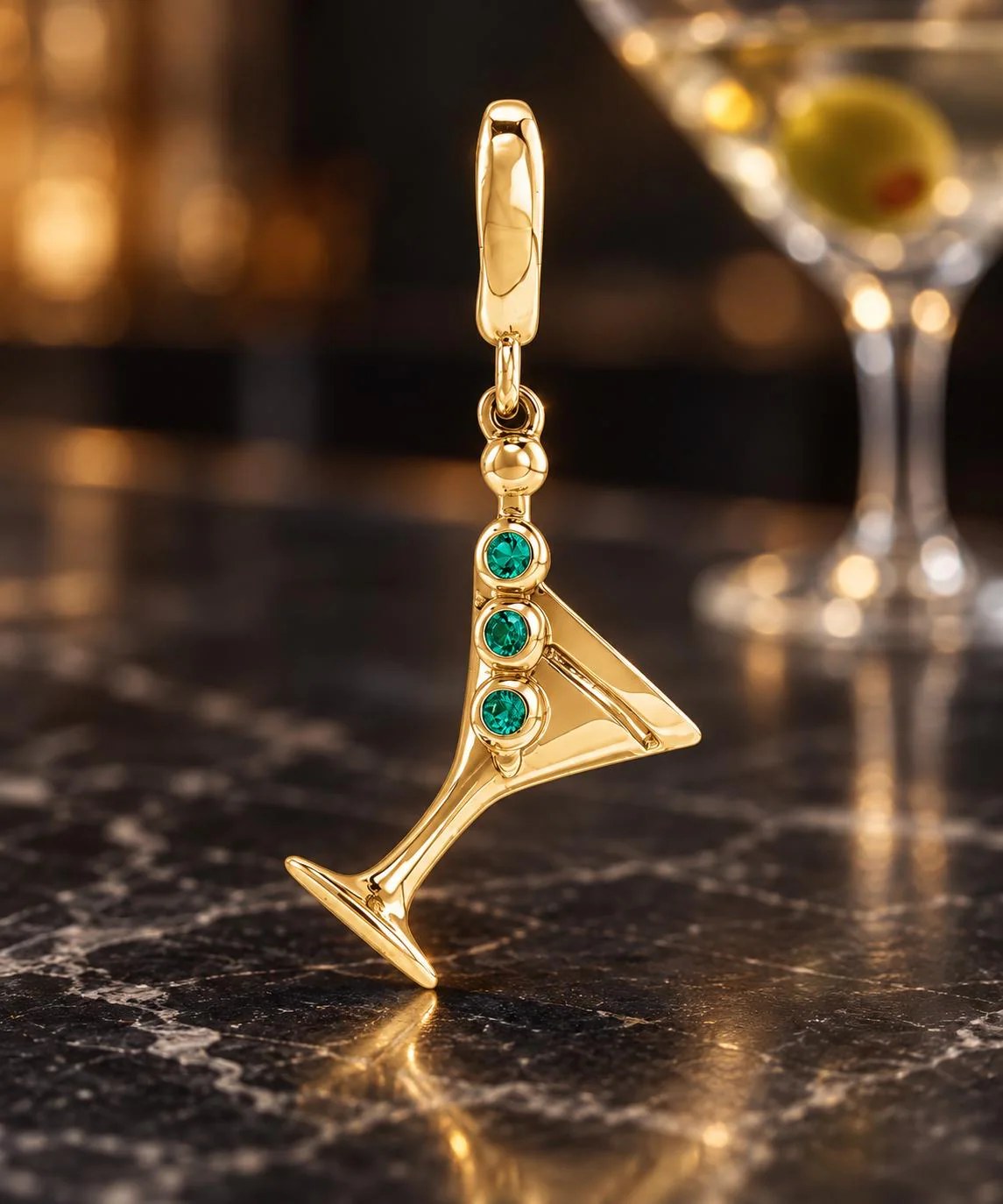 Martini Glass Charm with Lab Grown Emeralds in 14k Gold Vermeil