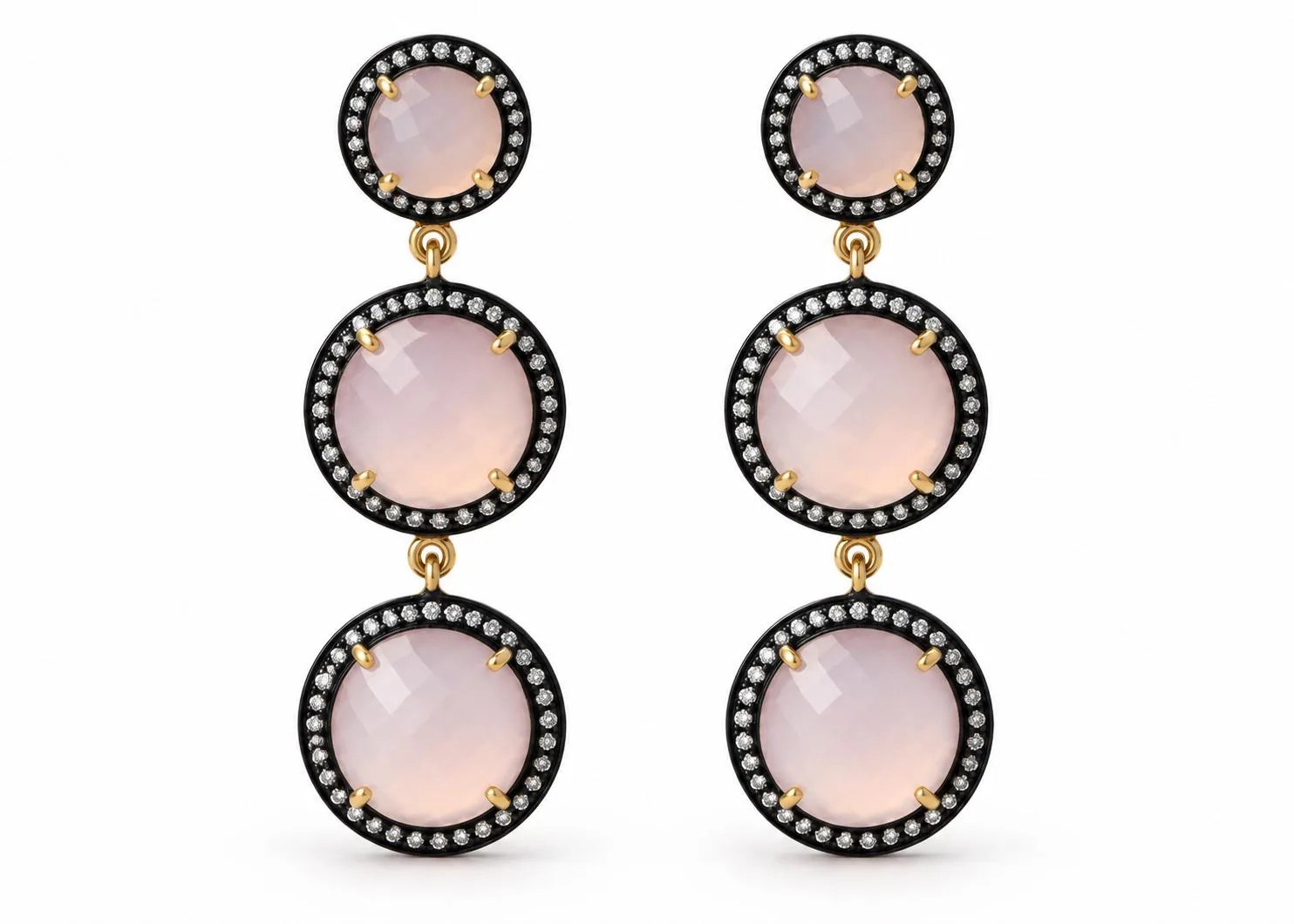 Rose Quartz Vermeil Long Dangly Earrings with Cubic Zirconia Halo, detail view