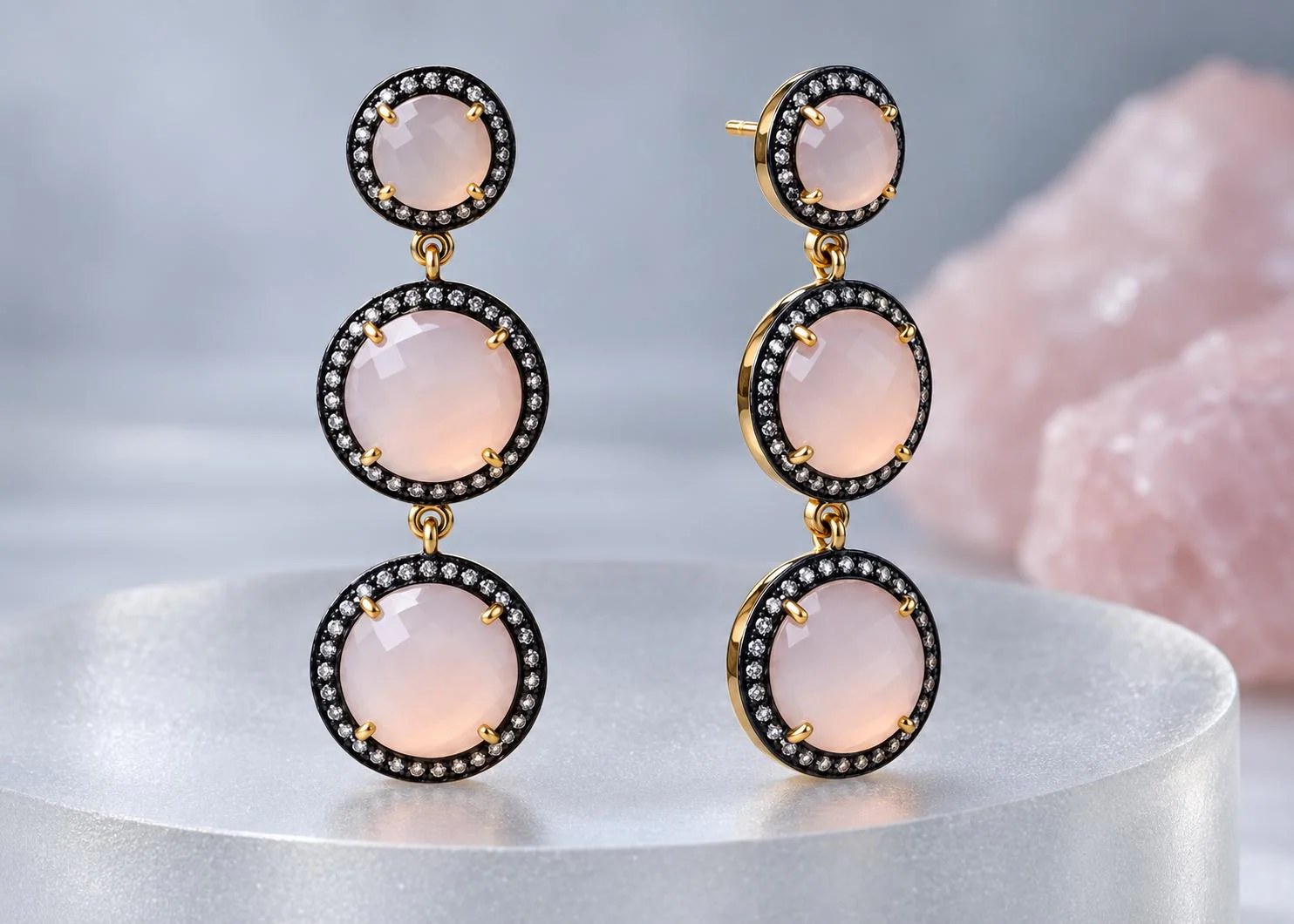 Rose Quartz Vermeil Long Dangly Earrings with Cubic Zirconia Halo