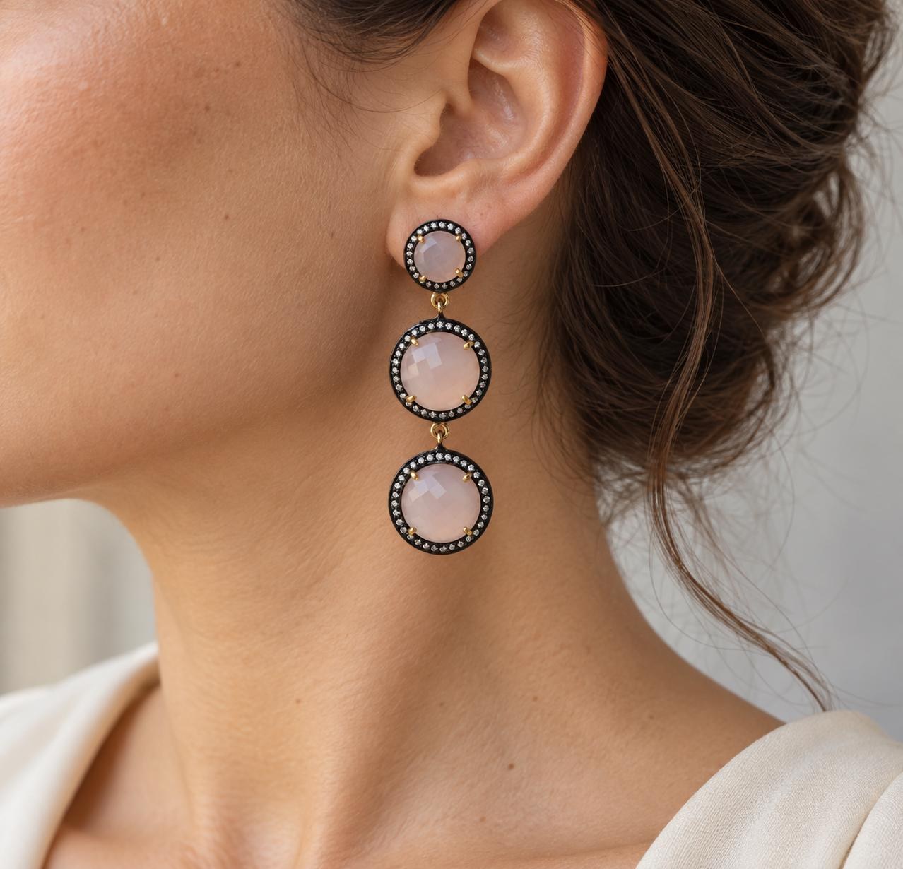Rose Quartz Vermeil Long Dangly Earrings with Cubic Zirconia Halo, worn view
