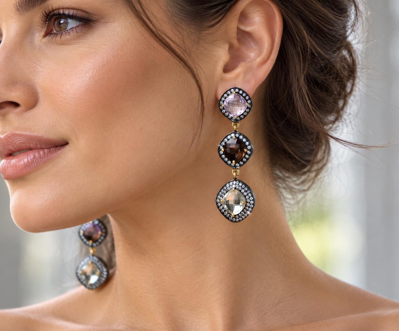 Vermeil Drop Earrings, Amethyst, Smoky Quartz, Citrine, CZ Halo, Statement Jewelry, worn view