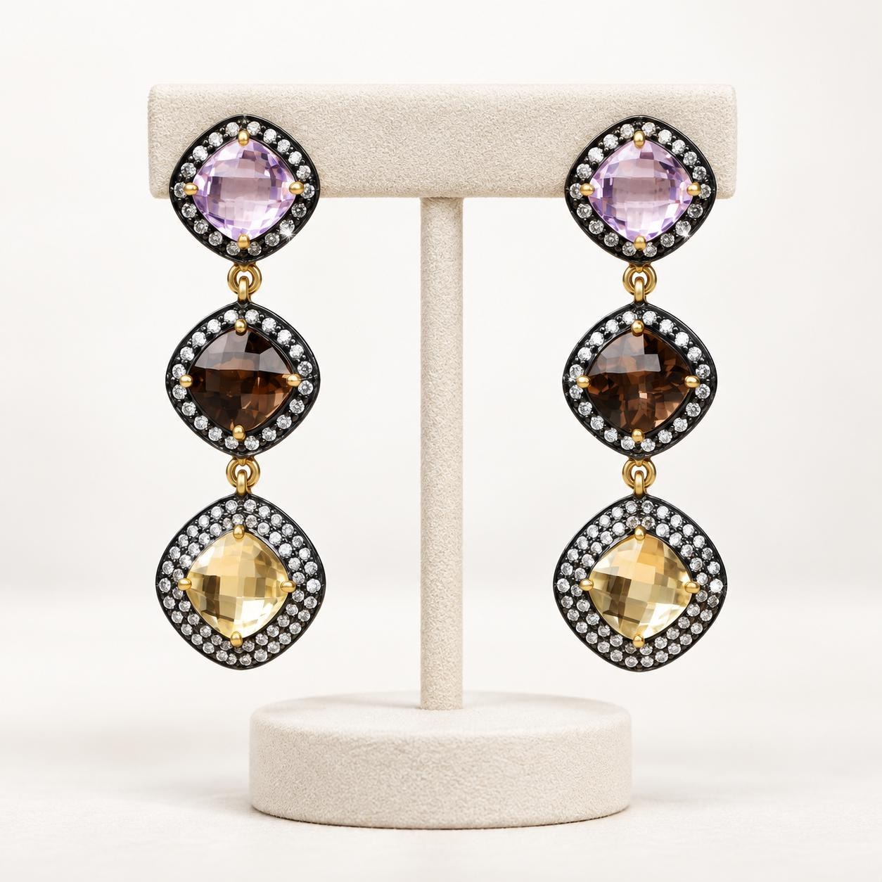 Vermeil Drop Earrings, Amethyst, Smoky Quartz, Citrine, CZ Halo, Statement Jewelry