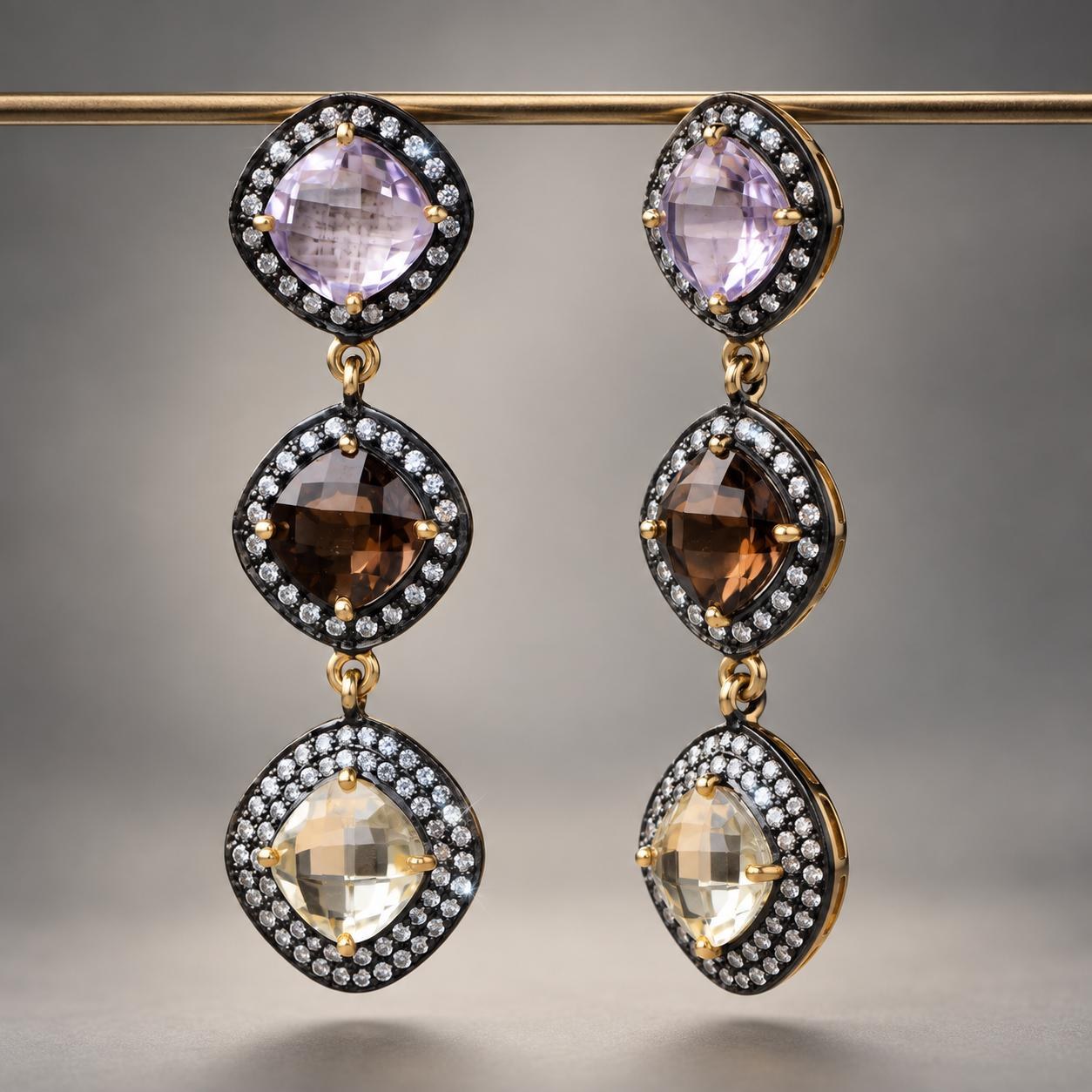 Vermeil Drop Earrings, Amethyst, Smoky Quartz, Citrine, CZ Halo, Statement Jewelry, detail view