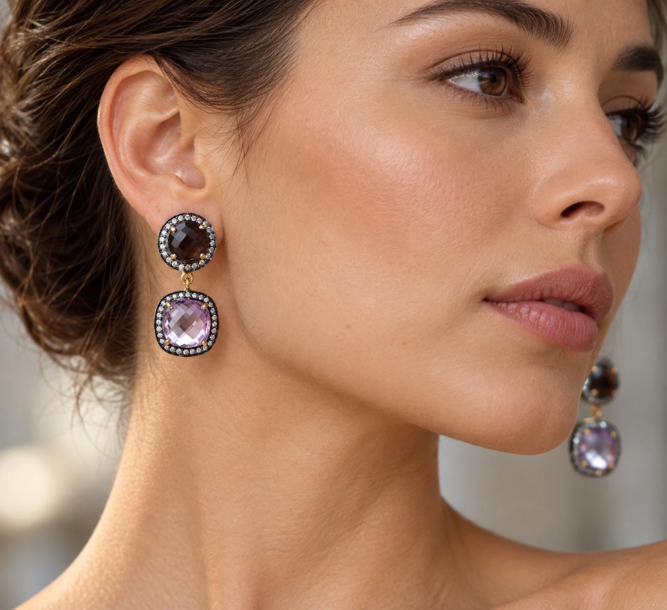 Amethyst & Smoky Quartz Vermeil Dangly Earrings with Cubic Zirconia Halo, Purple Brown Gemstone Drops, worn view