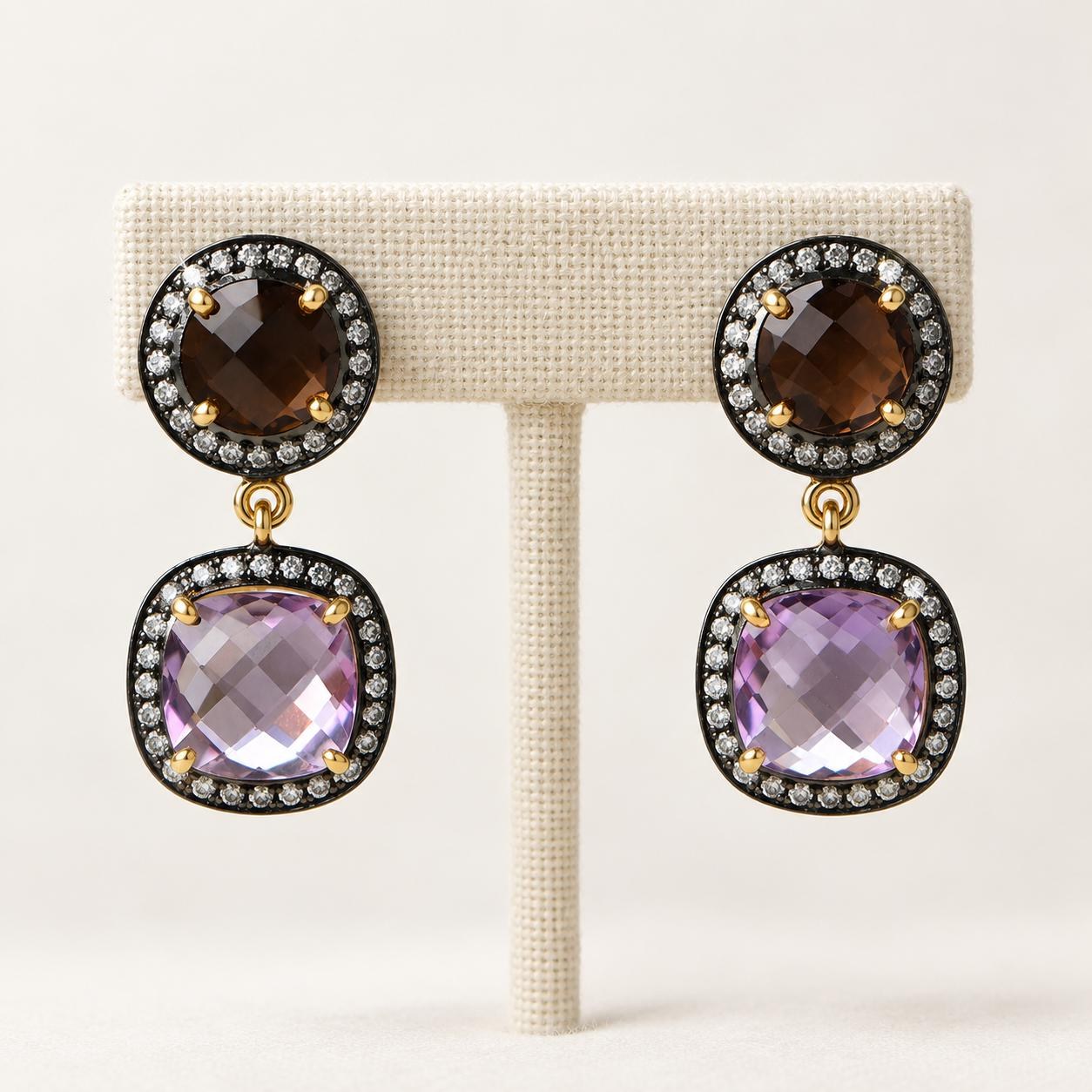 Amethyst & Smoky Quartz Vermeil Dangly Earrings with Cubic Zirconia Halo, Purple Brown Gemstone Drops, detail view