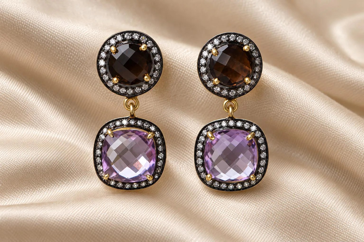 Amethyst & Smoky Quartz Vermeil Dangly Earrings with Cubic Zirconia Halo, Purple Brown Gemstone Drops