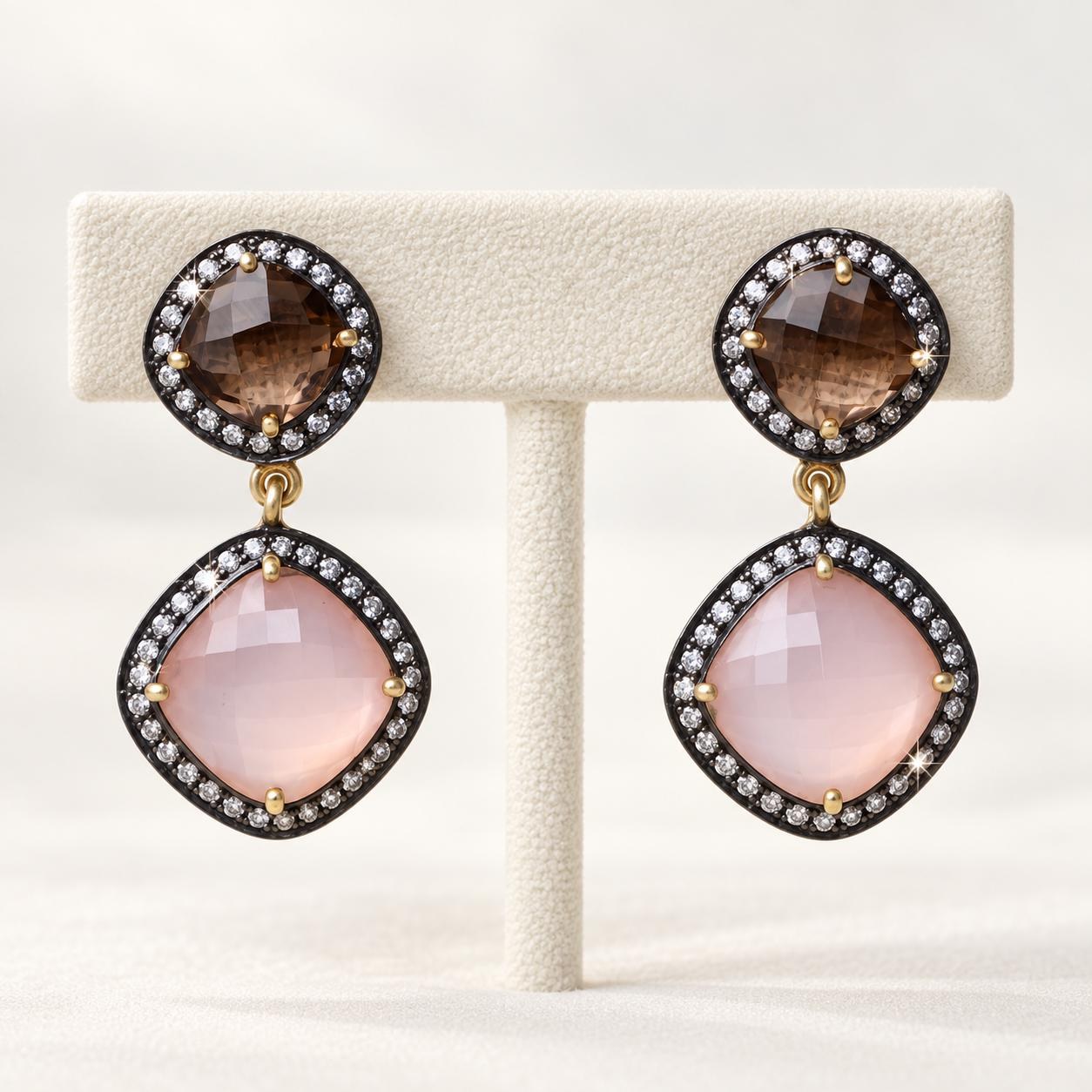 Rose Quartz Smoky Quartz Vermeil Earrings, CZ Halo Drops (38mm x 18mm), detail view
